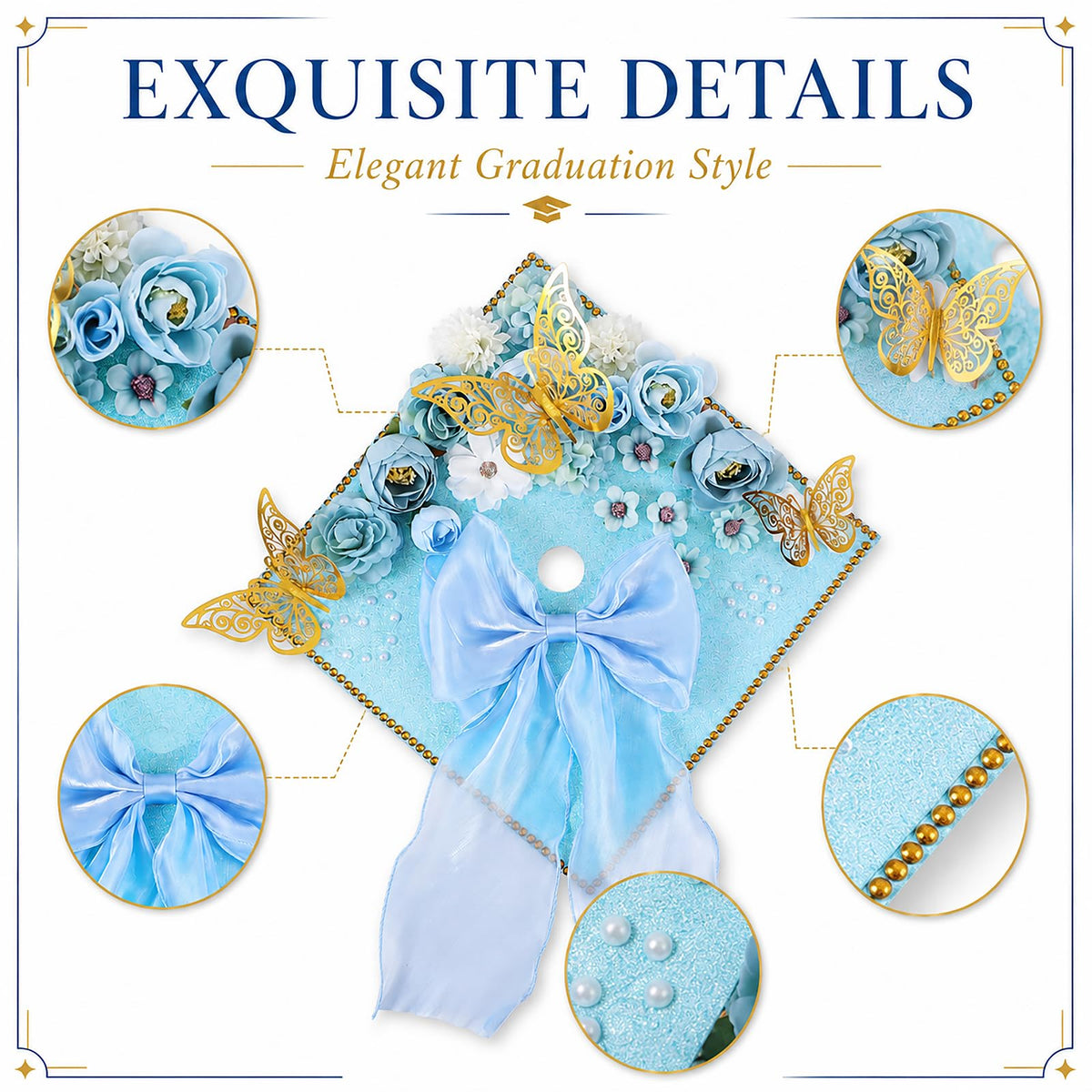 45 PCS DIY Graduation Cap Decoration Kit - 8 Cream Construction Paper with Artificial Flower Heads Bow 3D Butterfly Pearl Adhesive Dots Rhinestone Stickers for Grad Hat Topper DIY (Light Blue)