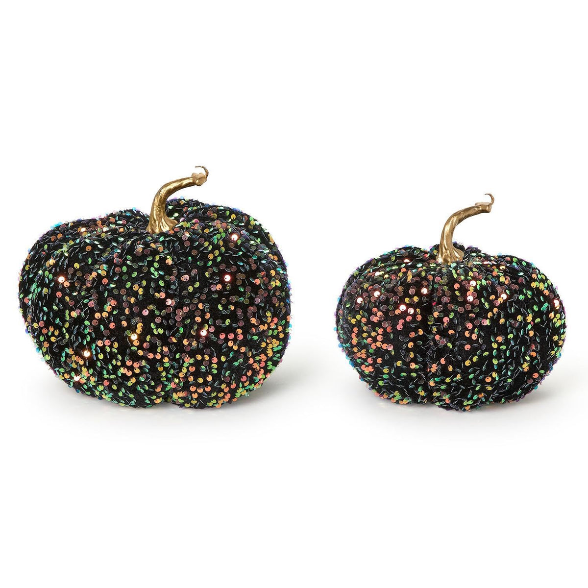 Two's Company Iridescent Sequin Pumpkin Figurines, 9.5-Inch, Plastic, Black, Set of 2