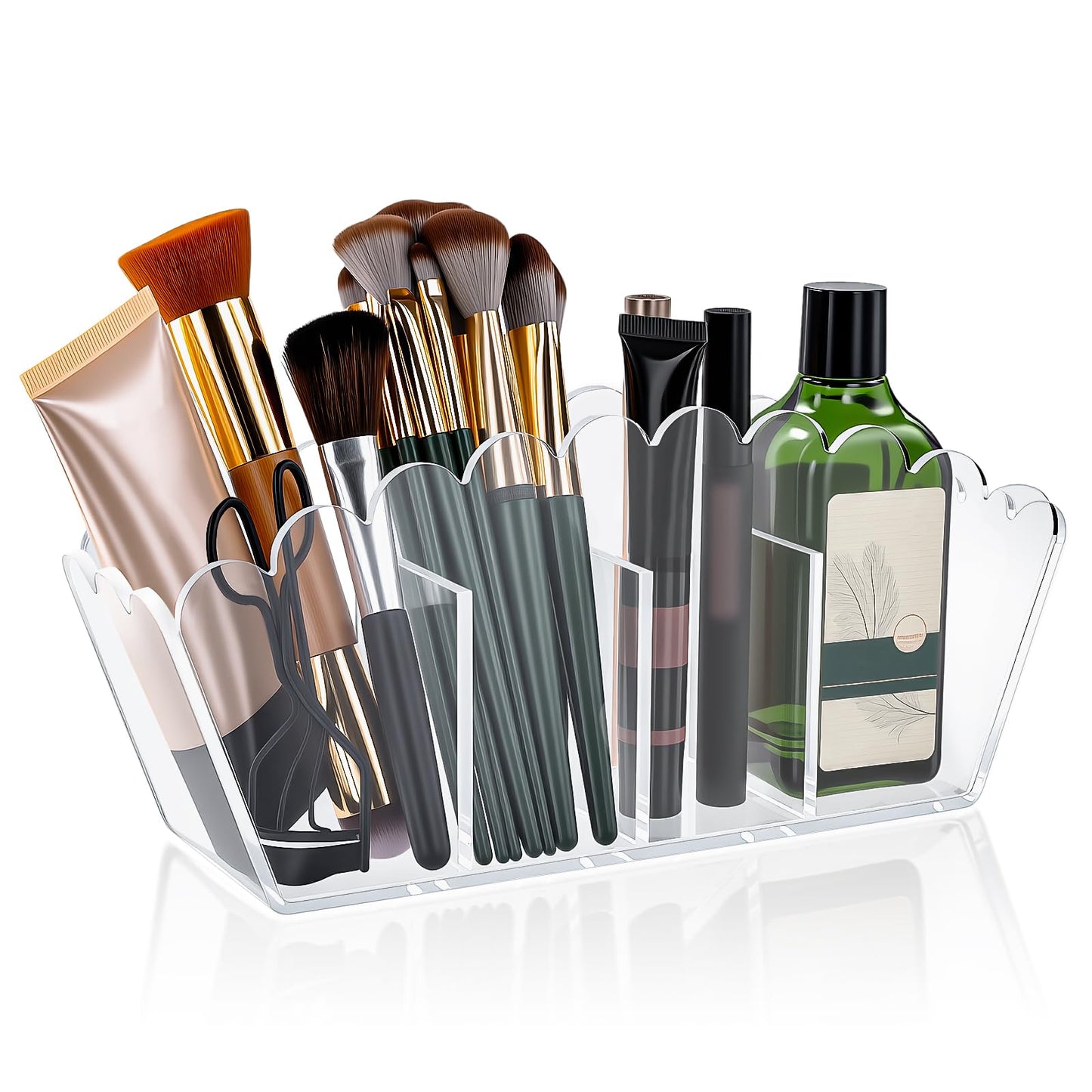 Novacrylion Scalloped Acrylic Pencil Holder – Clear Desk Organizer with 4 Compartments – Makeup Brush Holder & Remote Caddy for Office, Bathroom, Table – Party Accessory (4-Comp)