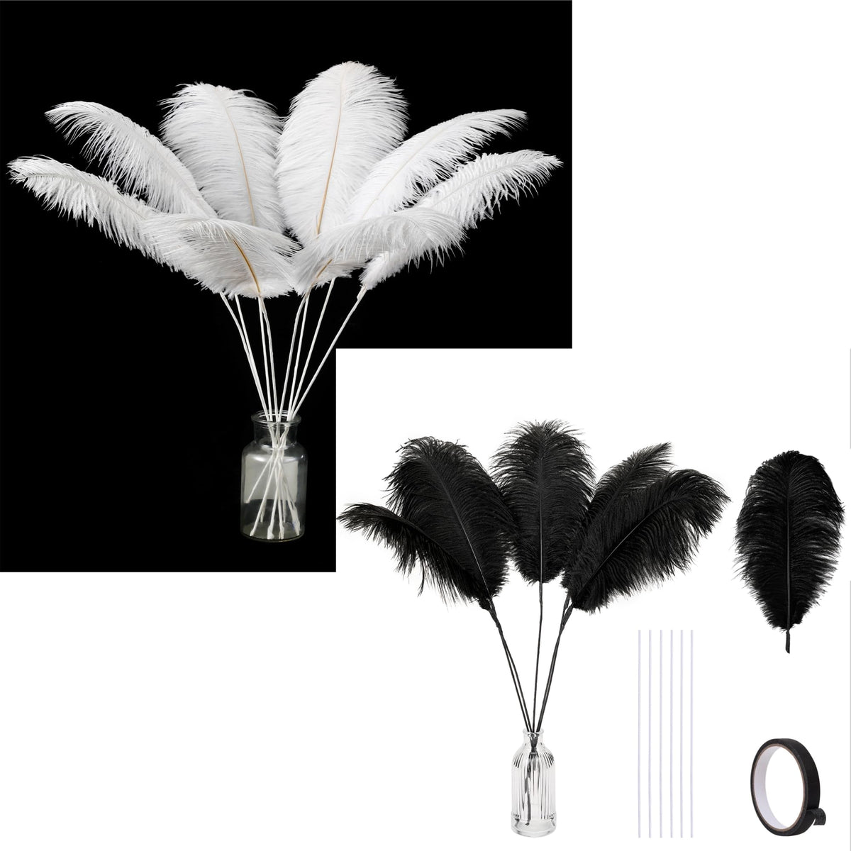 Holmgren 20Pcs 22inch Black and White Ostrich Feathers Bundles for Wedding Party Home