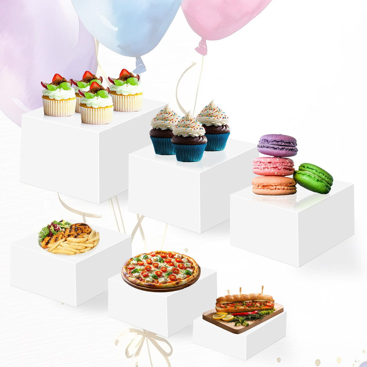 NBTORCH Large Buffet Risers Set of 4, 16"x8"x5" Display Stands, White Acrylic Food Risers for Party, Dessert Table, and Catering, Nesting and Stackable Display Risers