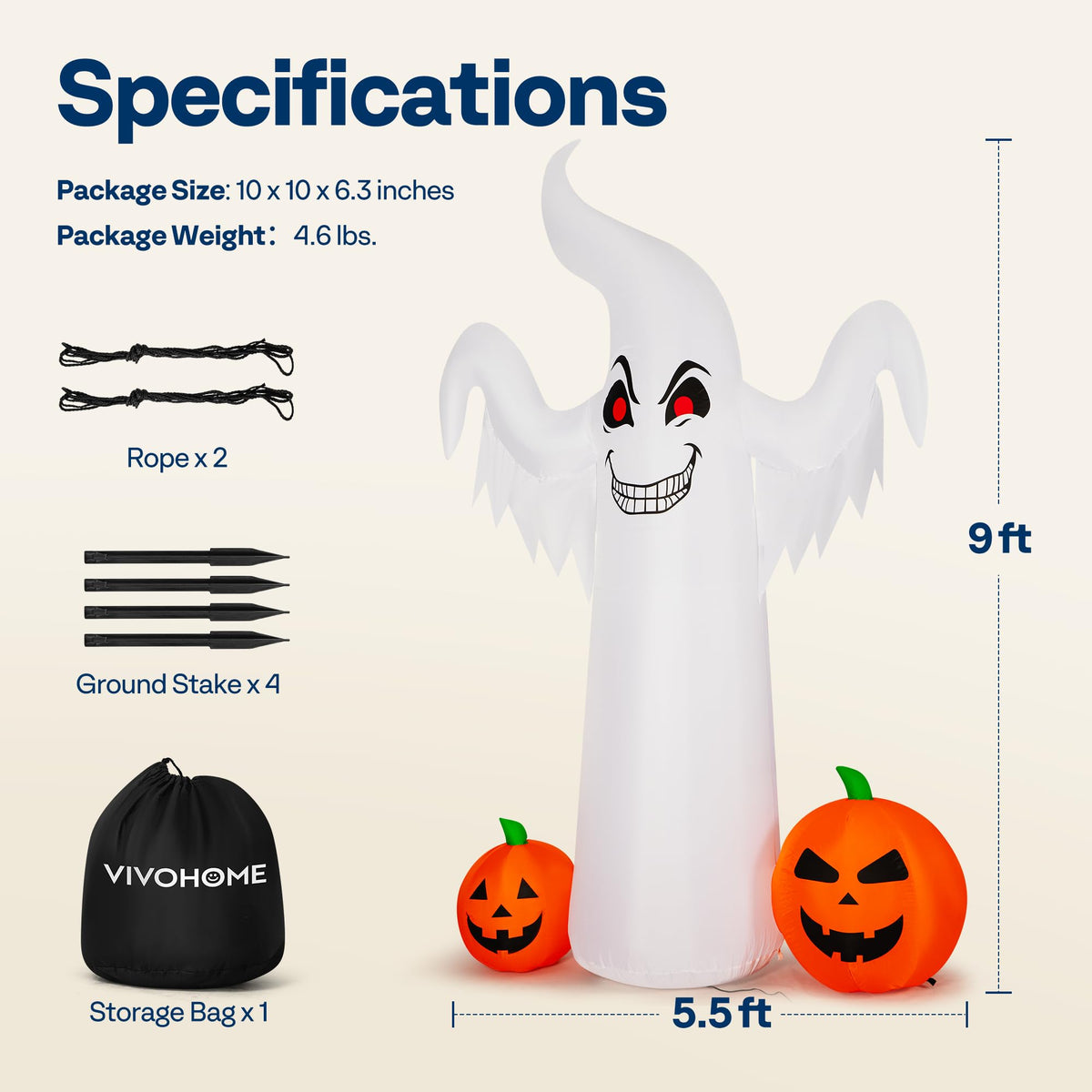 VIVOHOME 9FT Halloween Inflatable Yard Decor, Giant Ghost with 2 Pumpkin, Outdoor Blow Up with Built-in LED Light for Lawn, Garden, Party