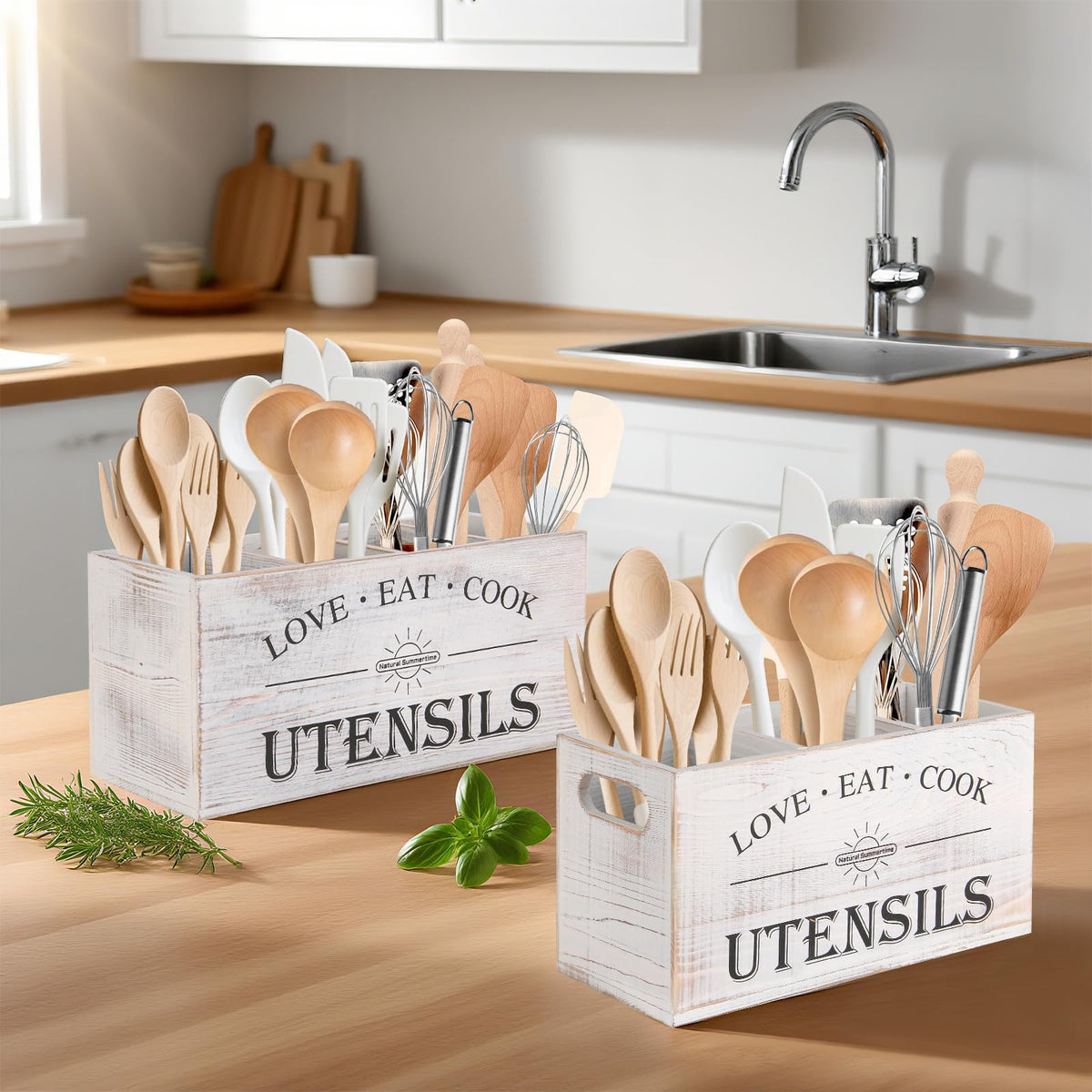 Natural Summertime 2 PC Wooden Utensil Holder,(With 4-Compartments size*1 + 3-Compartments size*1) Extra Large Kitchen Counter,Cooking Spatula Organizer,Farmhouse Decor, Rustic Cooking Utensil
