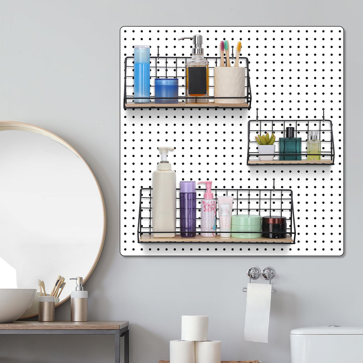Roowest 3 Sets Metal Pegboard Shelves with Steel Peg Board Brackets and Hooks Wall Organizer Storage Display Tray Accessories for Craft Room Home Office Garage Nursery Workbench Kitchen(Black)
