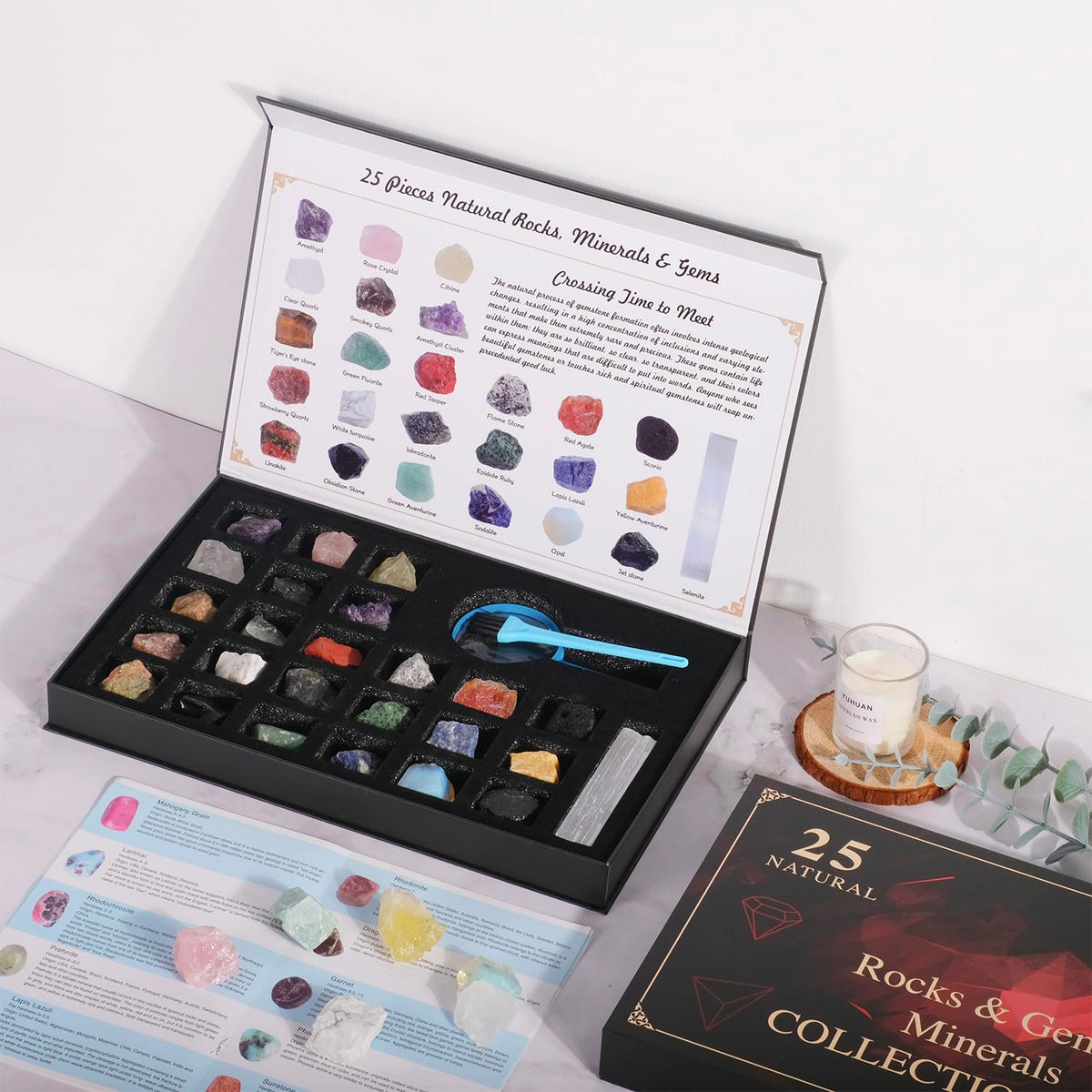 HEMYLU Rock Collection for Kids, 25PCS Crystal Gem Mineral Collection Set Box Gift for Boys and Girls, Natural Gemstone with Learning Guide Education Set
