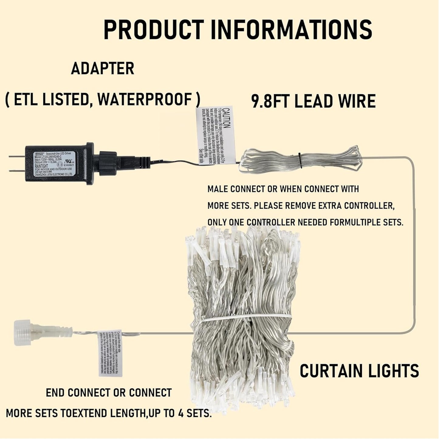 Dazzle Bright 300 LED Curtain String Lights, Connectable Waterproof, 8 Modes, Multicolor, Model CL-300CC