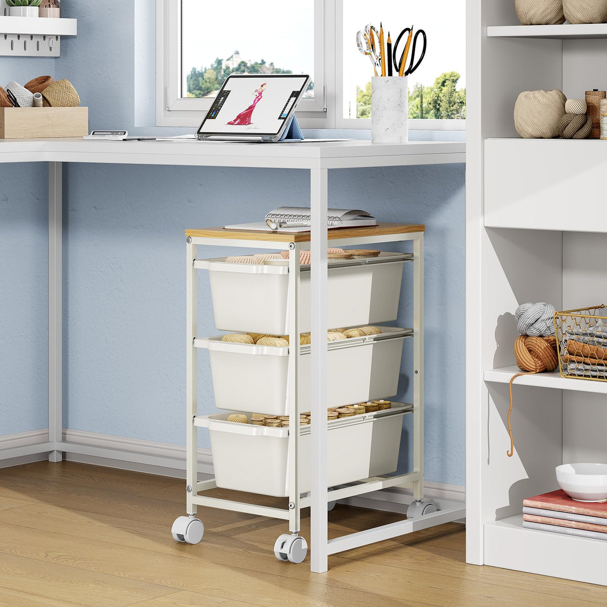Rolling Storage Cart with 3 Drawers, Craft Organizer, Wooden Tabletop Utility Cart for Bedroom, Children's Room and Office Organization, Under Desk Trolley with Lockable Wheels,White