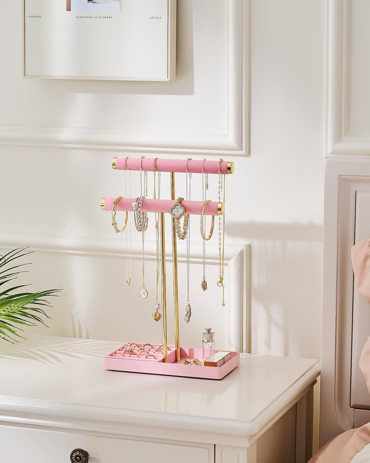 Lolalet 2-Tier Necklace Holder Display, Velvet Wrapped Jewelry Organizer with Removable Ring Tray, Tall Bracelet Stand for Bangles Watches Earrings, Gifts for Mom Girls Women Mother's Day -Pink