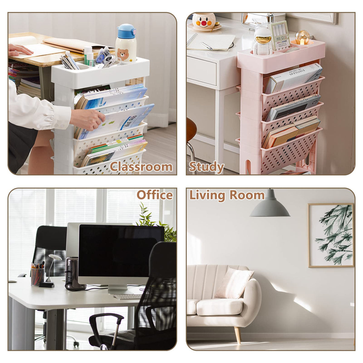 CINPIUK Pink Rolling Office Paper Organizer, Mobile Book Cart Document Folder File Storage with Pen Holder, Slim Rolling Storage Cart Movable Bookshelf for Office, Dorm, Classroom, Nursery