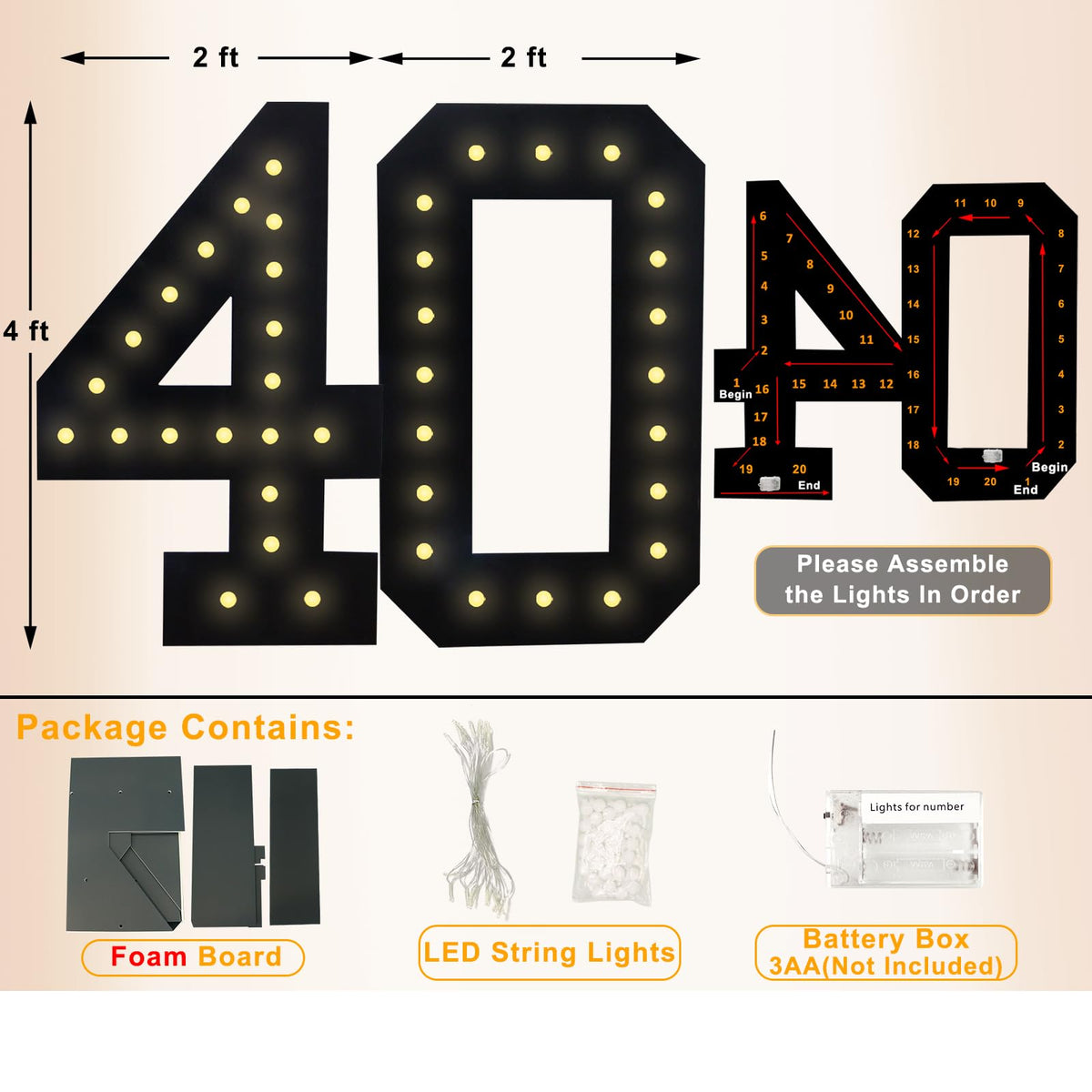 4FT Marquee Light Up Numbers, Black Giant Marquee Number Big Mosaic Number for 40th Birthday Party Decorations Backdrop 40 Anniversary Decor, Pre-Cut Frame Large Number 40