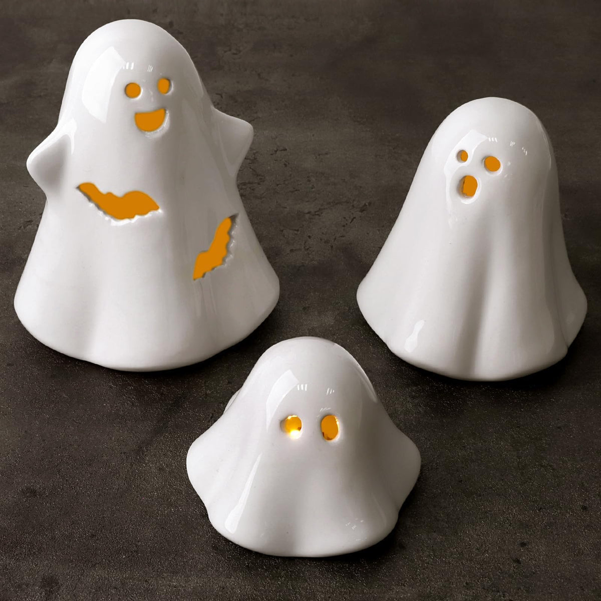 Halloween Decorations Big Ceramic Ghost Figurines: 3ct Spooky Light Up Ghost Decor with LED Lights, Cute Pastel Farmhouse Table Tiered Tray Fireplace Halloween Decor for Kids Home Office Party