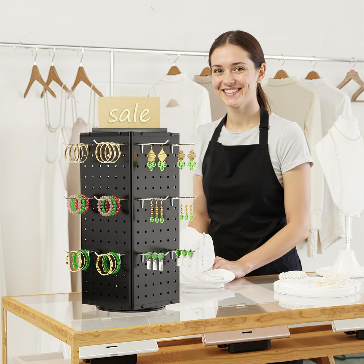 BYCY Rotating Pegboard Display Stand with 30 Hooks,Metal Spinning Peg Board Displays for Craft Shows,4-Sided Jewelry and Accessories Display Racks for Markets,Vendors,Events&Retail Stores (Black)