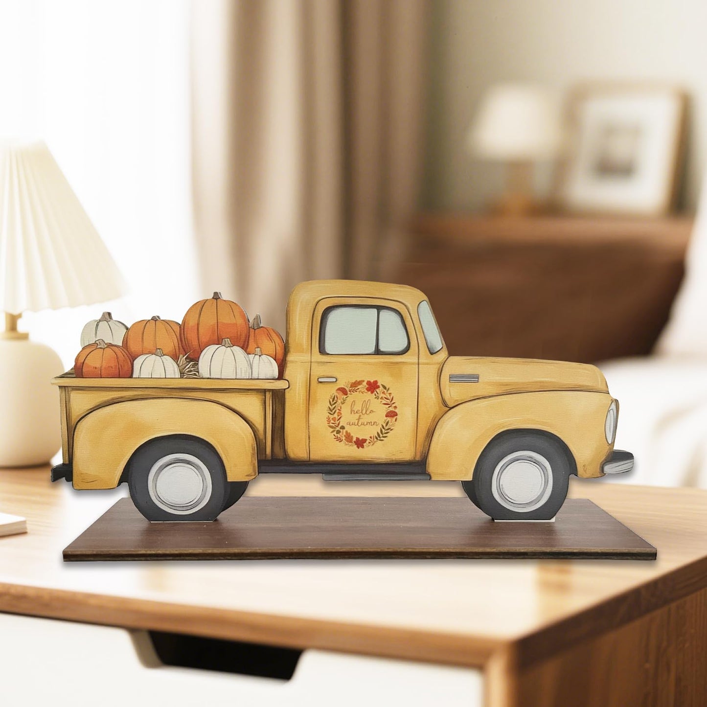 Hello Autumn Decor Halloween Pumpkins fall Harvest Truck Sign for Home,Farmhouse,Office,Garden Wooden desktop decoration Thanksgiving Table Decorations