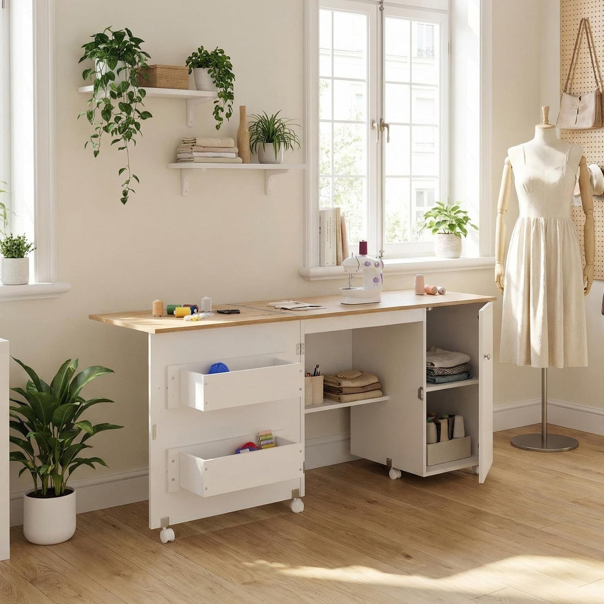 Large Folding Sewing Table, 63" x 19" x 29.5" Multipurpose Portable Craft Station & Side Desk with Compact Design, Caster Wheels, Storage Shelves, 2 Storage Trays, Magnetic Doors, White + Natural