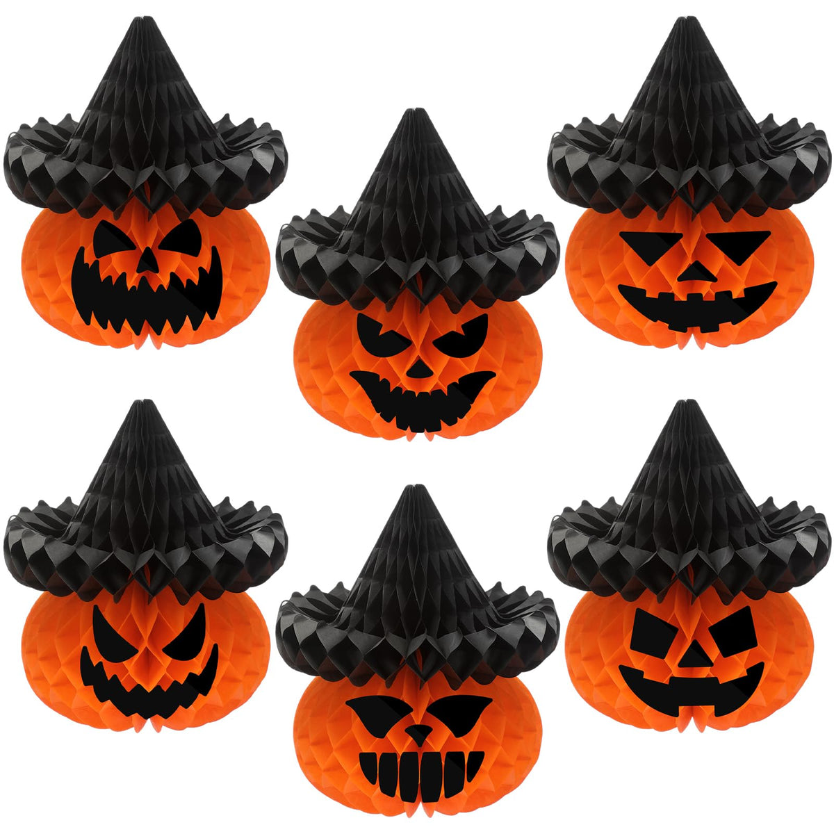 Fourluoo 6 Pcs Large Halloween Pumpkin Witch Hat Honeycomb Centerpieces 9.84 x 11 Inch Thanksgiving Paper Honeycomb Decorations 3D Table Decor for Fall Tailgate Party