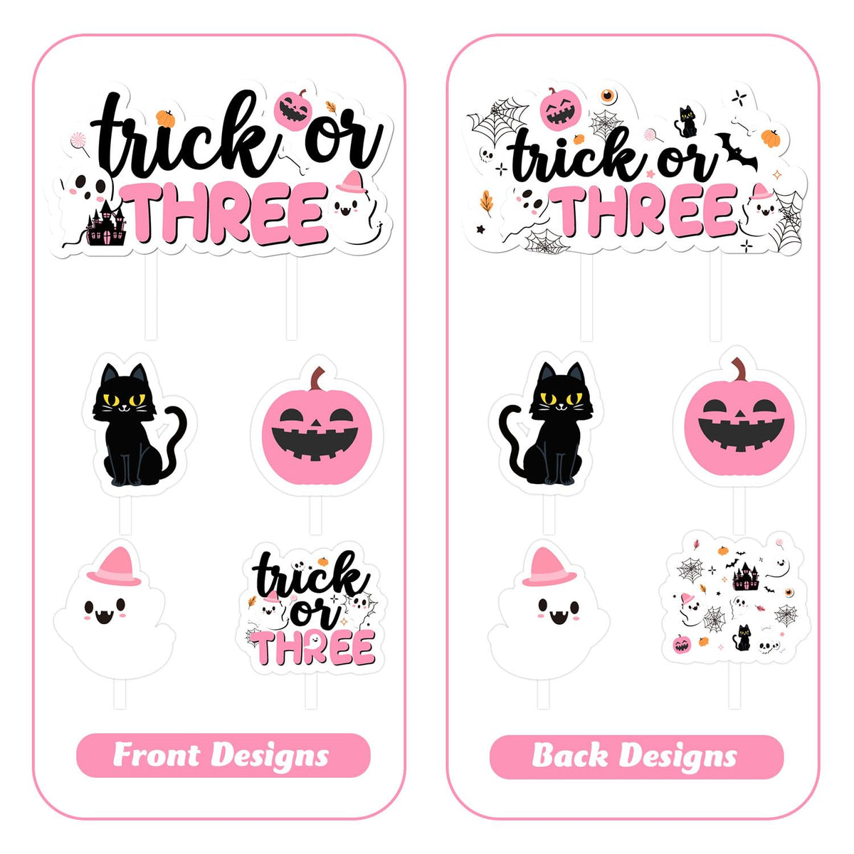 Trick or Three Cake Cupcake Toppers Pink Halloween 3rd Birthday Party Decorations Boo Ghost Pumpkin Bats Cake Decor Double-Sided Printing for Girls Third Booday Party Decor Supplies
