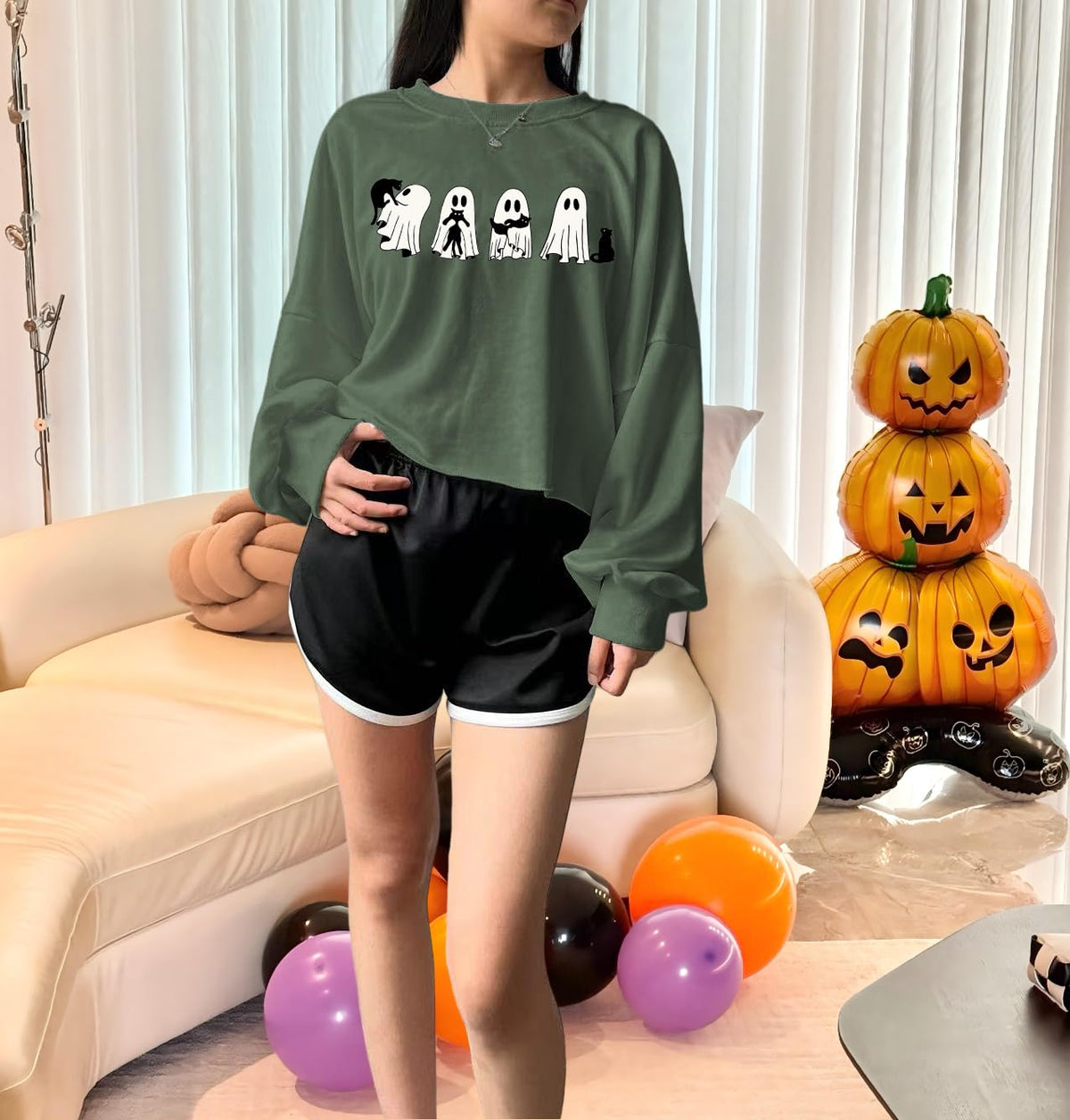 KNBUO Women's Black Cat Ghost Crop Sweatshirt Fall Halloween Ghost Spooky Season Lantern Long Sleeve Pullover Tops(L,03F-Dark Green-gost4)