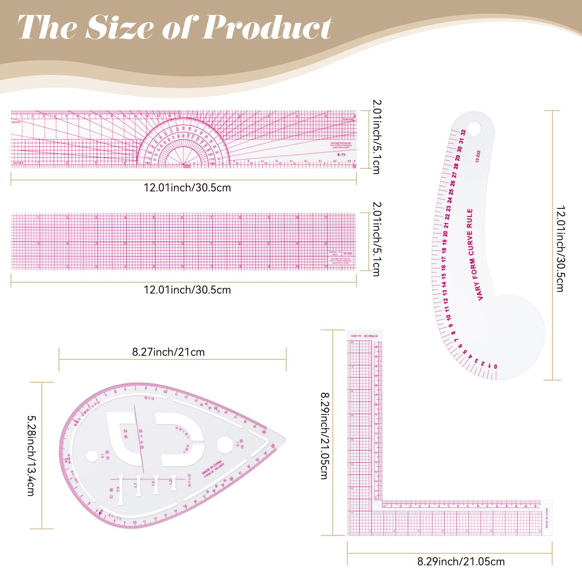 CINDALOG Clear Metric Sewing Ruler Set French Curve Pattern Ruler Kit for Beginners Tailors Designers Dress Makers Ruler Precision Quilting and DIY Supplies Perfect for Drawing, Craft, Sewing (9)