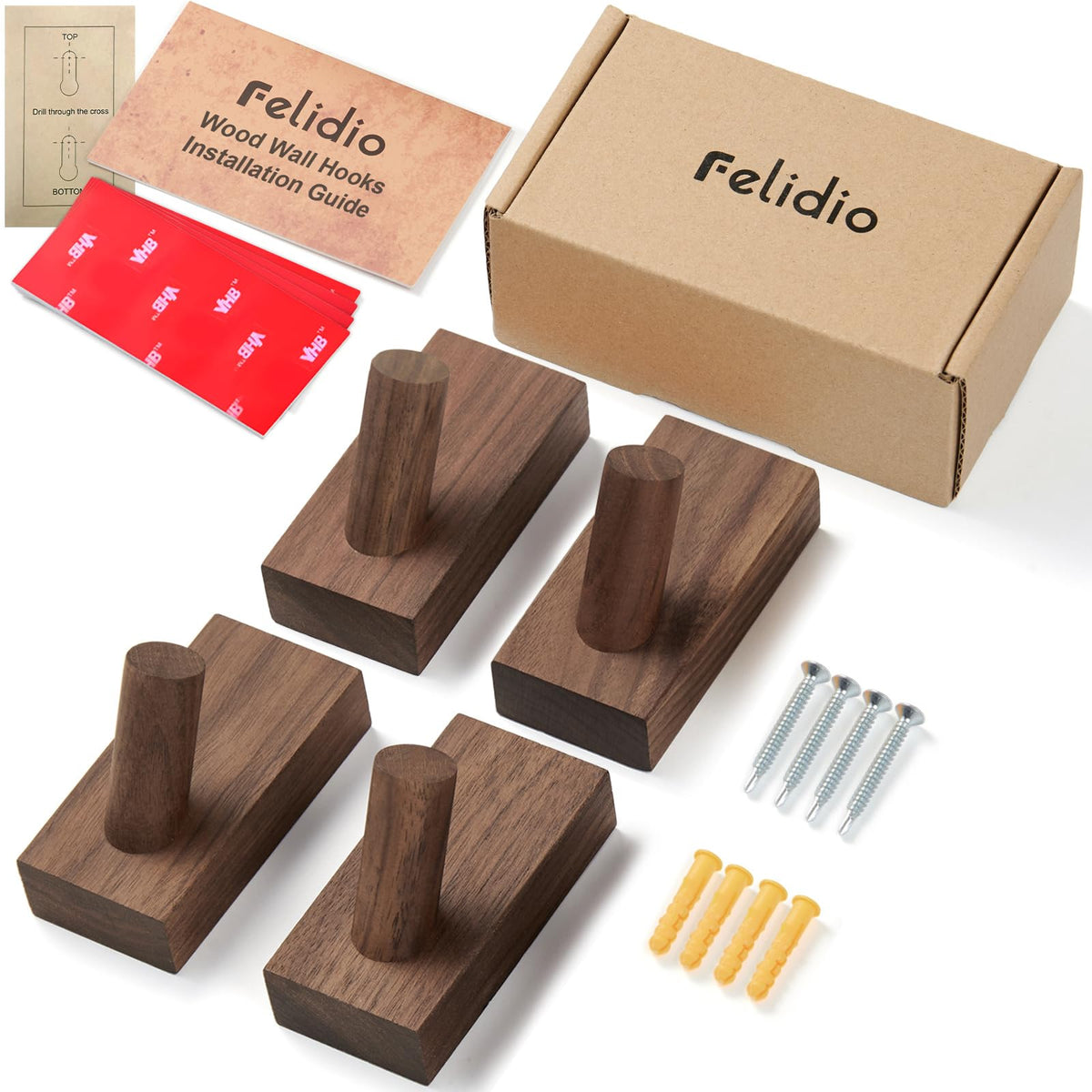 Felidio Natural Wooden Wall Hooks, Adhesive & Screw Mount Coat and Towel Hooks - Decorative Key Holder, Hat Rack, Stocking Wall Hangers for Bathroom Entryway Closet - 4 Pack, Walnut Wood