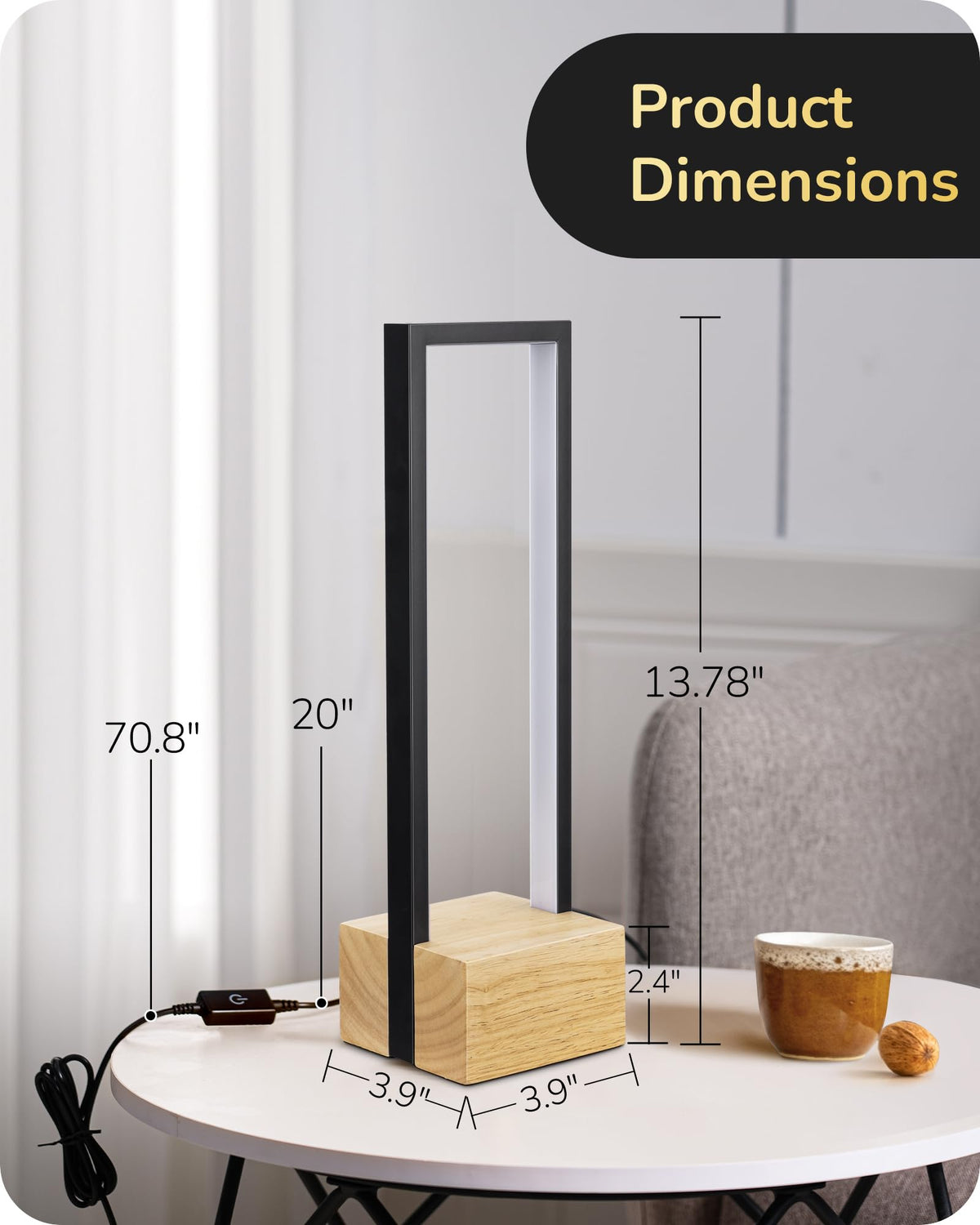 EDISHINE Modern Table Lamp, Dimmable LED, 3 Color Temps, 14.6inx4.7inx4.7in, Black Frame & Solid Wood Base, Model HLTL02