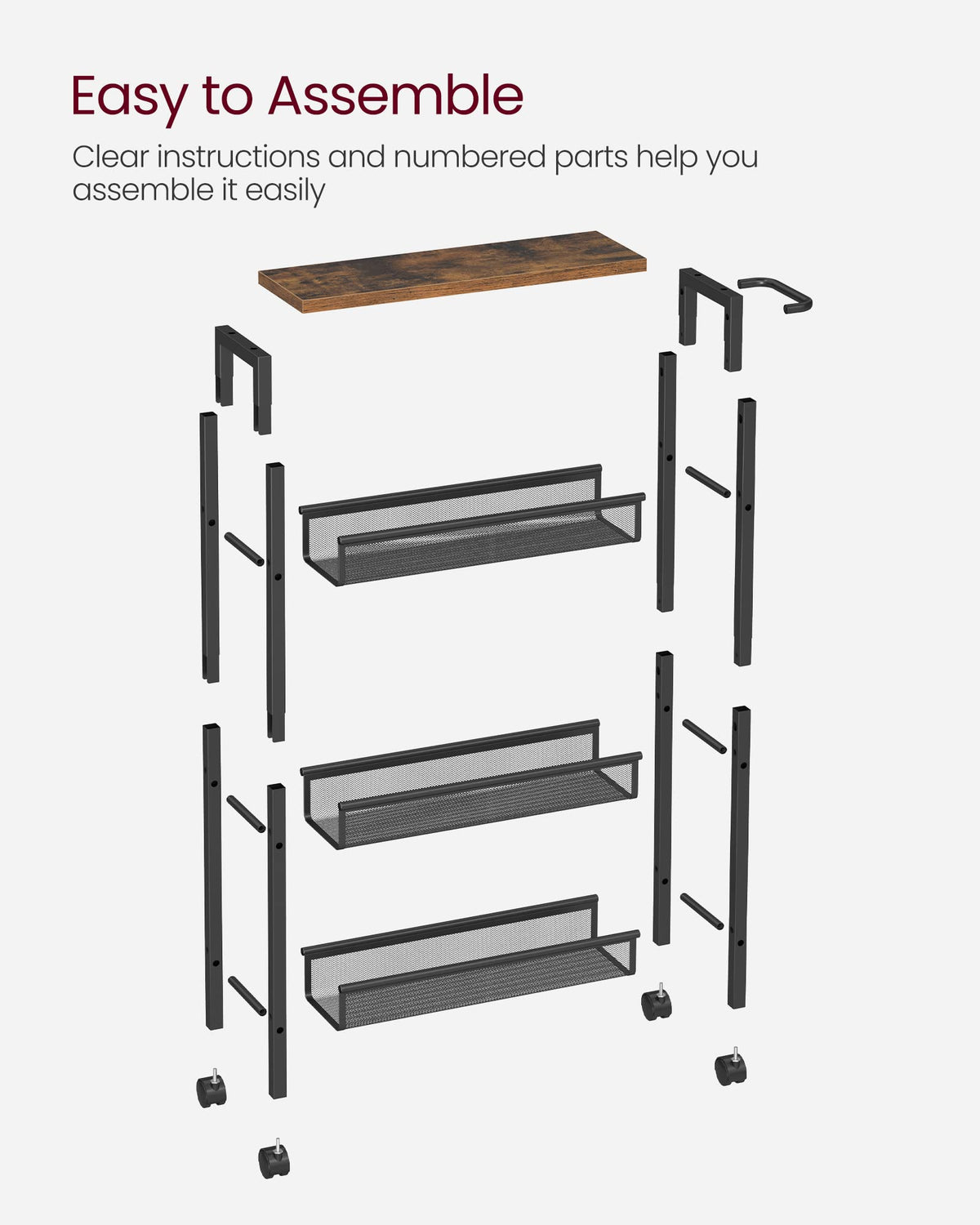 VASAGLE Slim Rolling Cart, 4-Tier Narrow Storage Cart with Handle, 5.1 Inches Deep, Metal Frame, for Kitchen, Dining Room, Living Room, Home Office, Rustic Brown and Classic Black ULRC032B01V1