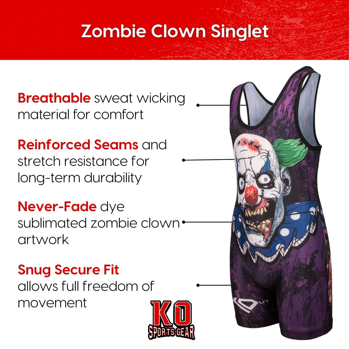 KO Sports Gear Unisex Wrestling Singlet for Youth Wrestlers - Wrestling Singlet for Boys & Girls - Bold Durable Uniform, Stretchy Breathable Material - Zombie Clown, Youth Medium