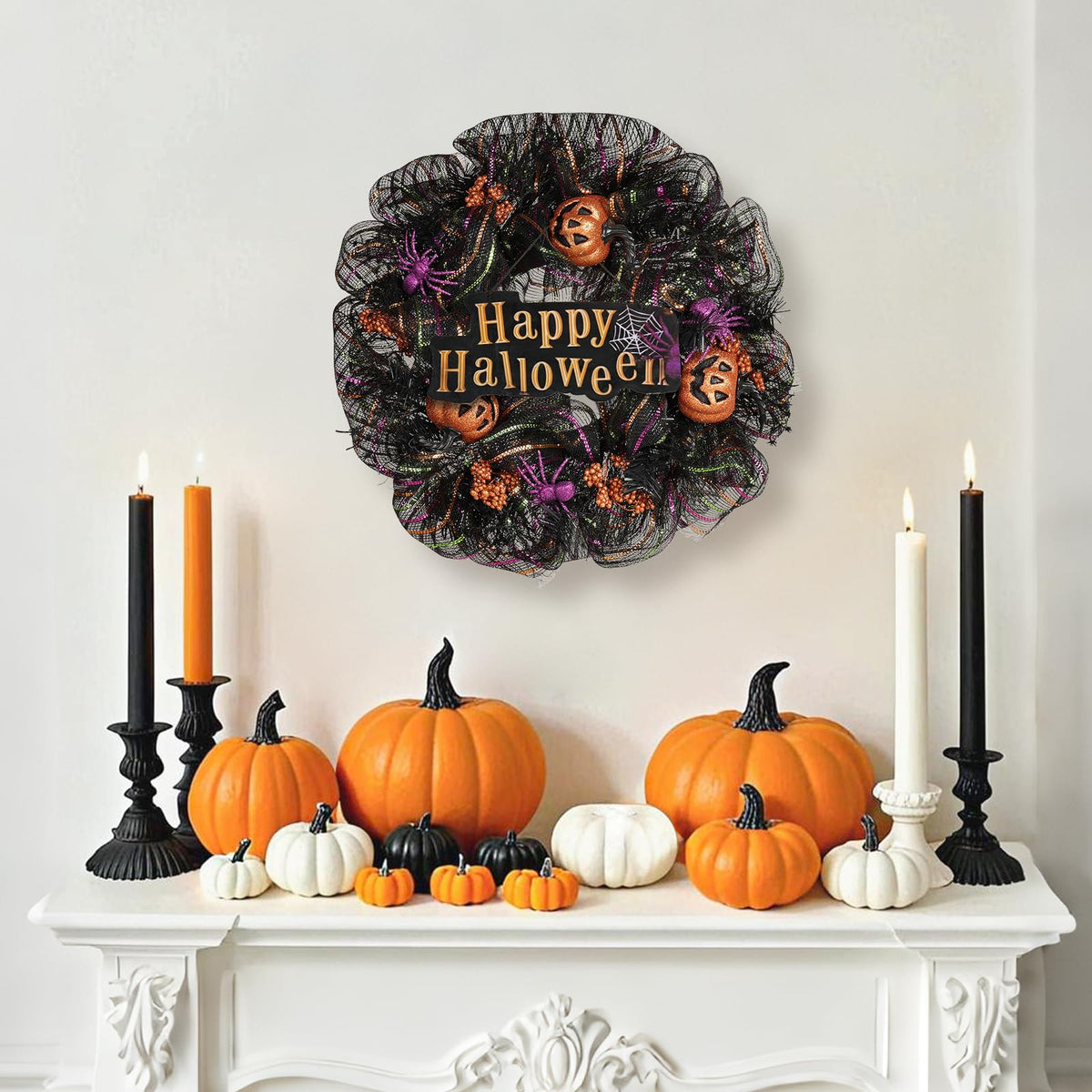 Huadanbor 24 inch Wreath, Halloween Wreath for Front Door, Halloween Spider Decor Pumpkin Skull Wreaths, Wall, Window, Garden and Offices Decor. (Black)