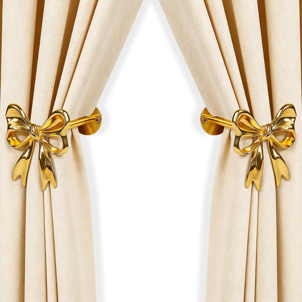 2Pcs Gold Bow Curtain Holdbacks Tiebacks for Wall - Heavy Duty Metal Curtain Holder Wall Mounted for Drapes Window Home Decoration
