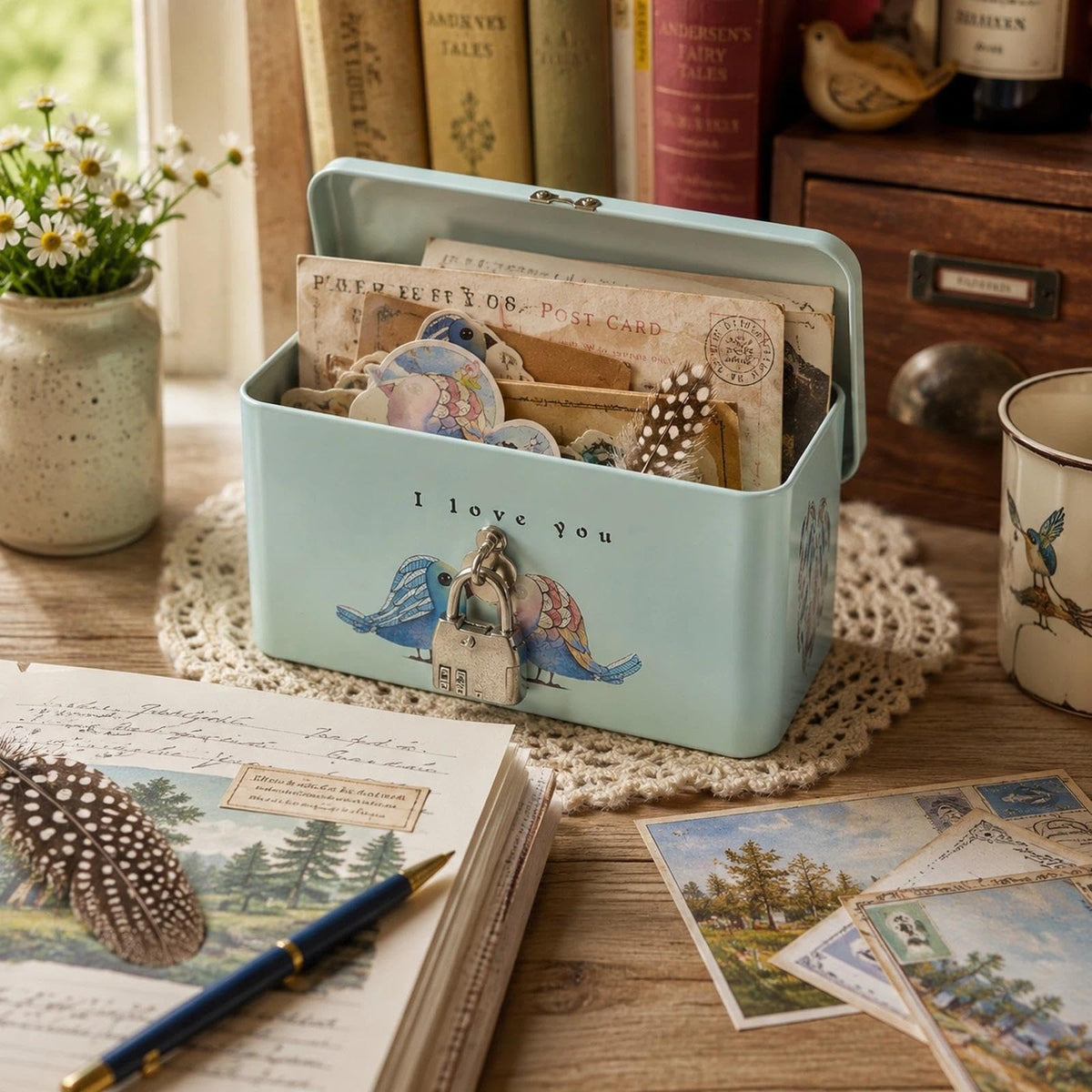 LOGOFUN Retro Style Rectangle Tinplate Storage Box with Padlock Two Birds Pattern Small Metal Keepsake Container Tin Case for Kids Girls Boys Gifts