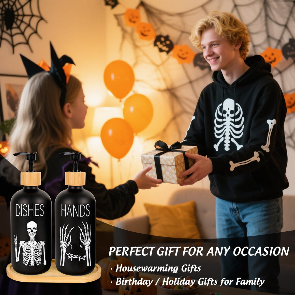 Whaline 2 Pcs Halloween Soap Dispenser Black Spooky Skeleton Hand Glass Soap Dispenser with Pump Refillable Liquid Container for Trick or Treat Home Kitchen Decor