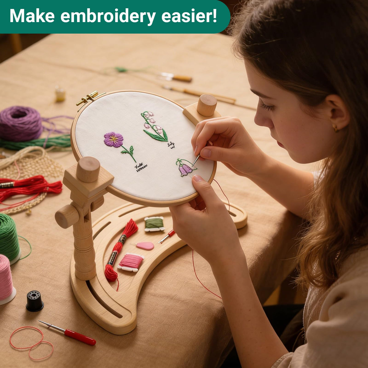 Airo Beech Wood Embroidery Hoop Stand,Rotatable, Tool-Free Installation, for Cross Stitch , Embroidery, Sewing Needlework