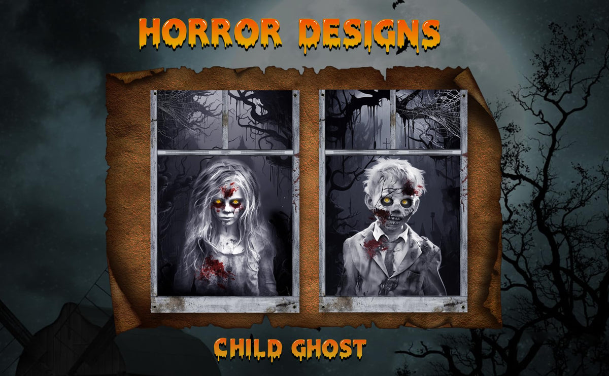 Recailly Halloween Ghost Curtains Decorations, 2 Pack, Window Silhouettes, Horror Little Girl and Boy Window Cover Indoor Decor(Kids Ghost)