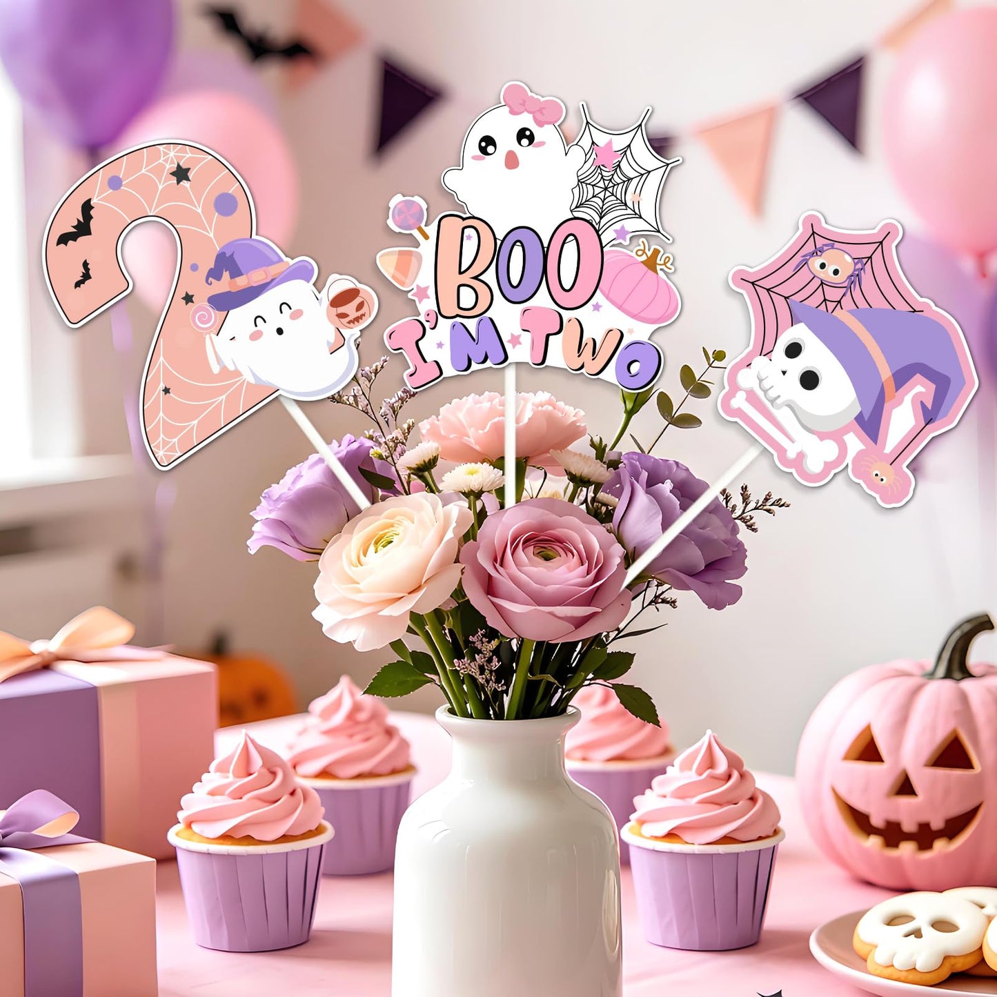 Fangleland 24PCS Halloween 2nd Birthday Centerpiece Sticks, Pink Purple Boo I'm Two Table Toppers Cute Ghost Pumpkin Photo Booth Props, Two Spooky 2 Year Old Party Supplies for Girls