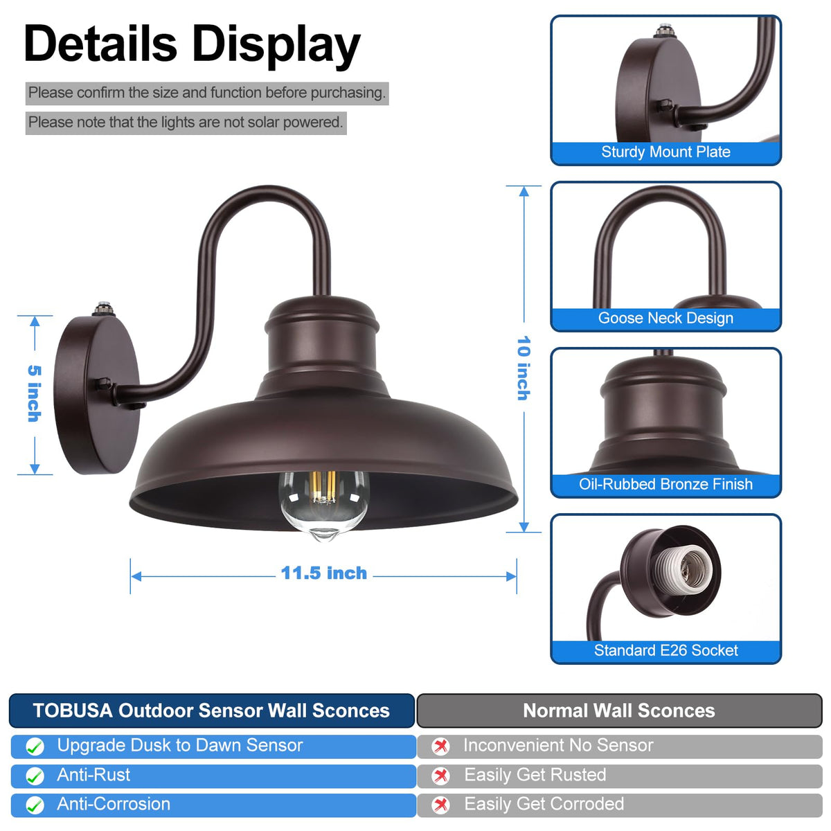 TOBUSA Outdoor Wall Lights, Waterproof Gooseneck Barn Sconces, 11.5 inch, Oil-Rubbed Bronze, Model B11023PP(2PK)