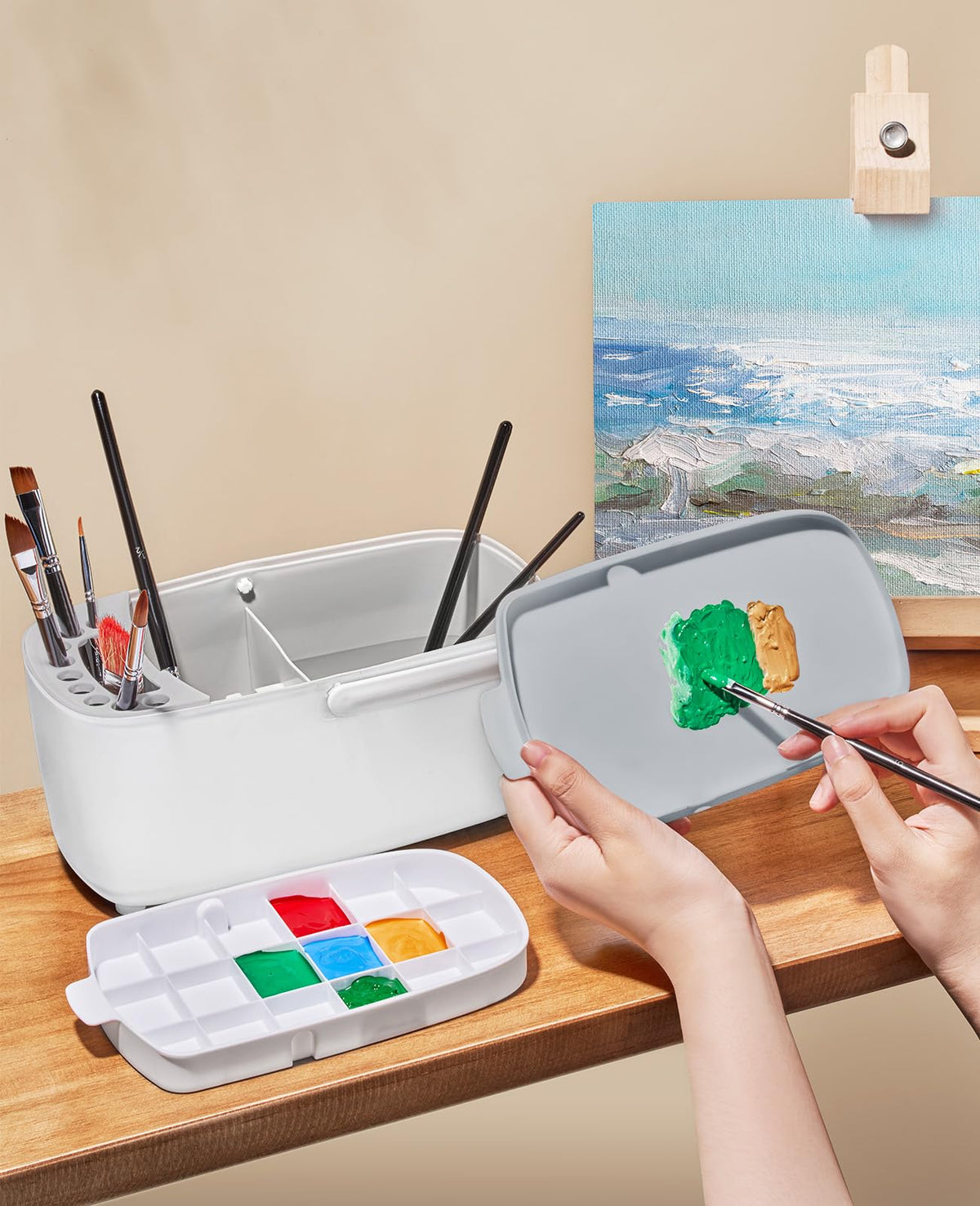 GAMENOTE Paint Brush Cleaner - Paint Brush Holder with Palette and Handle,Rinser for Acrylic, Watercolor, and Water-Based Paints, Painting Art Supply Storage Organizer (White+Grey)