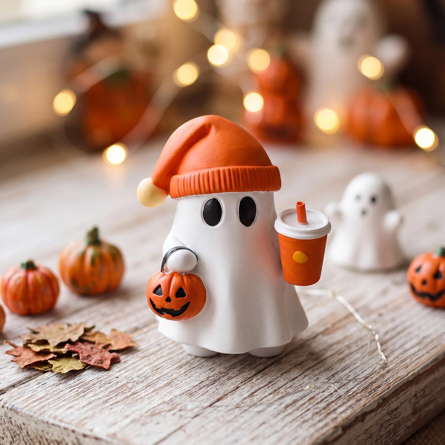 Vicenpal Cute Halloween Ghost Figurine with Pumpkin Bucket and Orange Drink Resin Spooky Tabletop Decor for Home Office Bookshelf Coffee Table Halloween Decoration Gift