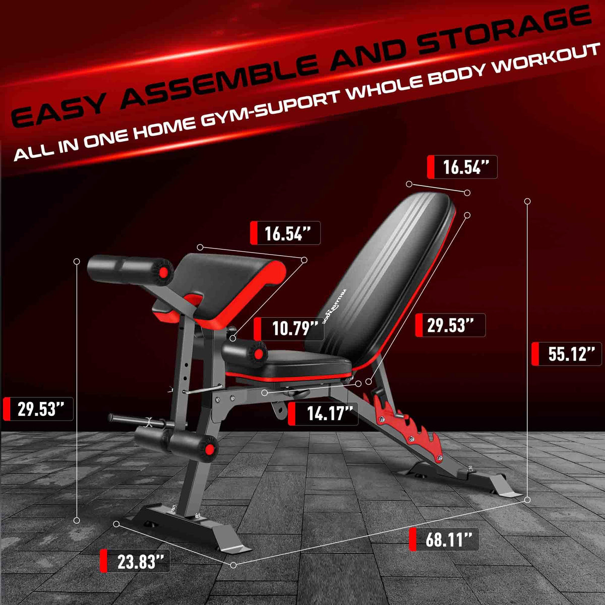 BODYRHYTHM Multifunctional Adjustable Weighted Bench with Leg Extension and Preacher Pad, Ab/Back Hyper Roman Chair, Adjustable Ab Sit up Bench, Flat Incline Decline Bench, Hyperextension Bench, Back
