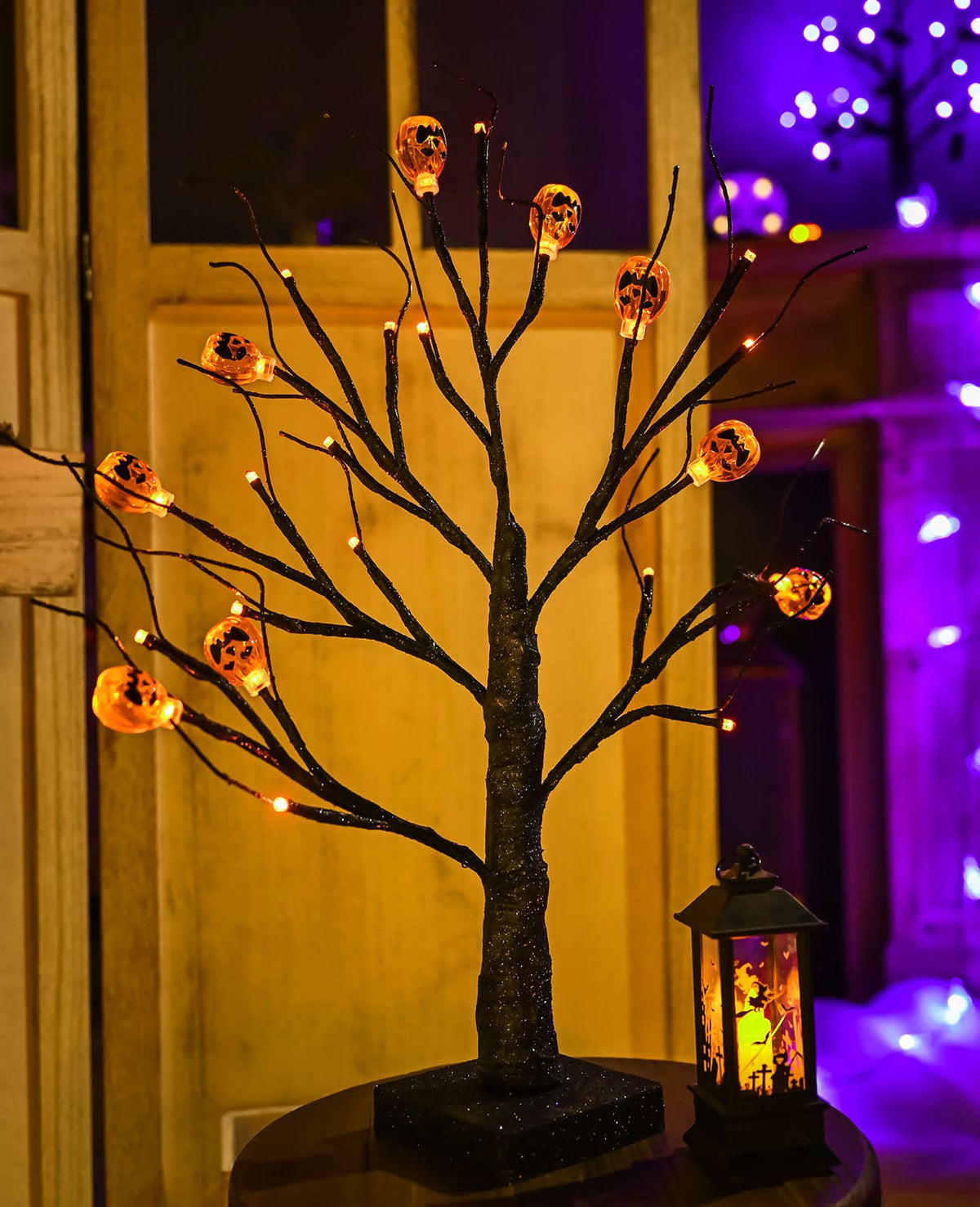 ZHOUDUIDUI 2Pack Halloween Tree, Black Spooky Tree with 24LED Orange Lights and 10 Pumpkin Ornaments Battery Powered 18IN Lighted Halloween Bonsai Tree for Indoor Tabletop Halloween Party Decoration