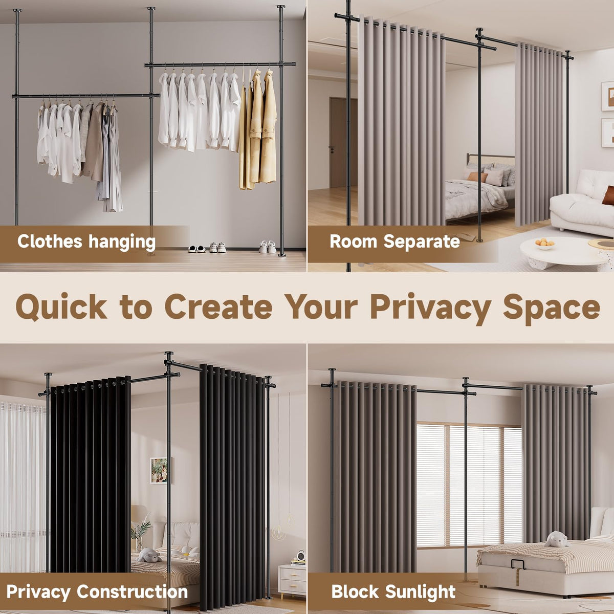 Room Divider Curtain Rod, No Driling Tension Curtain Rod for Room Partation