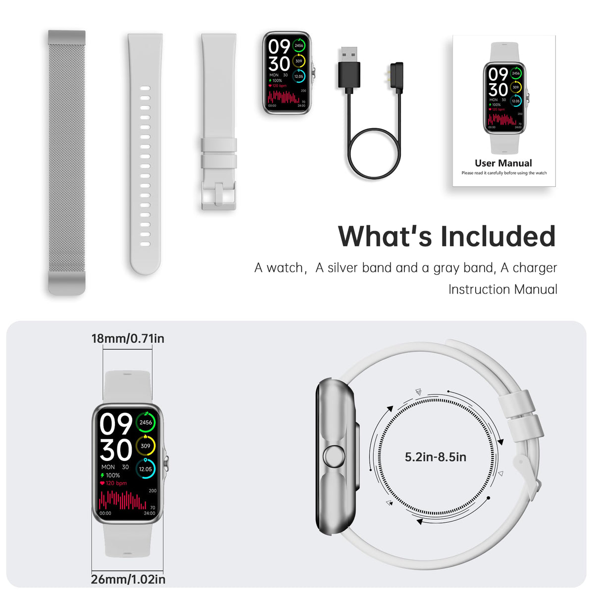 Sunorshop Health Fitness Tracker, Smart Watch with 24/7 Heart Rate and Blood Oxygen Monitor, Sleep Tracker with IP68 Waterproof, Activity Tracker Pedometer Step Counter for Women Men (Silver)