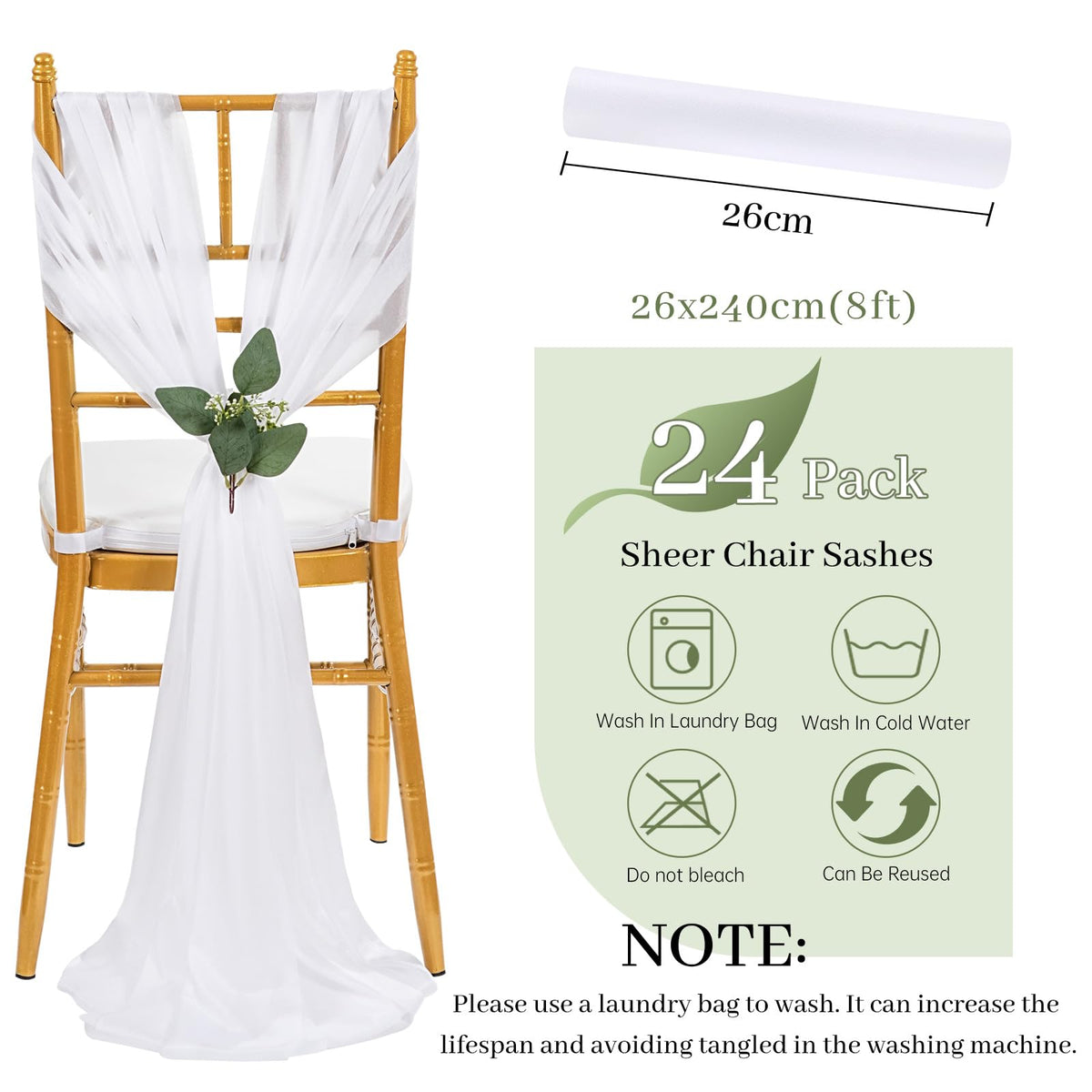 QueenDream White Chair Sashes Wedding Aisle Decorations: 24 Packs 8ft Long Draping Fabric Sheer Church Chair Cover Bulk for Party Banquet