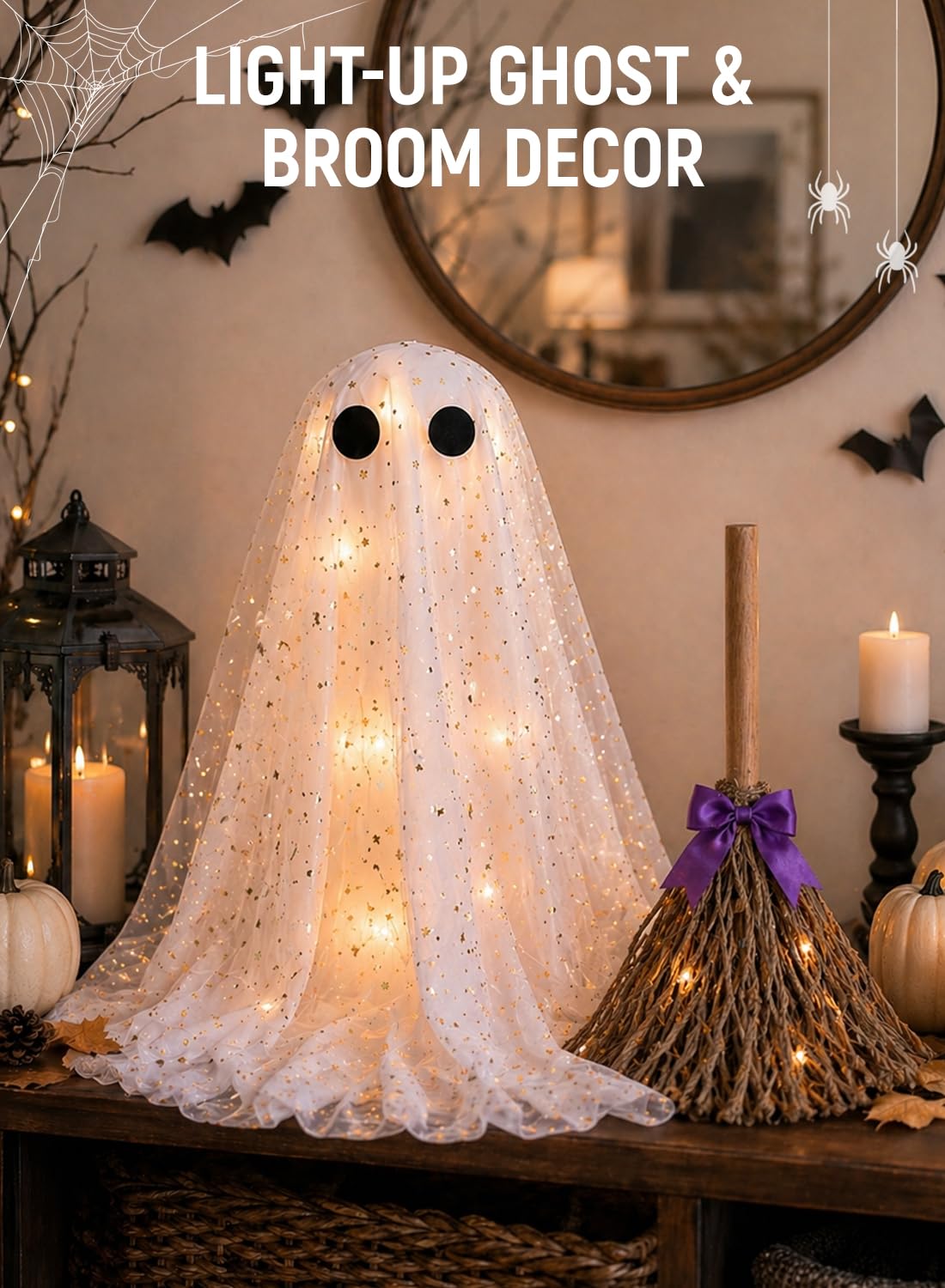 Halloween Decorations Ghost and Witch Broom Set, Lighted Halloween Fall Decor for Mantel, Shelf, Fireplace, Entryway, Tabletop Display, Cute Spooky Indoor Home Decor