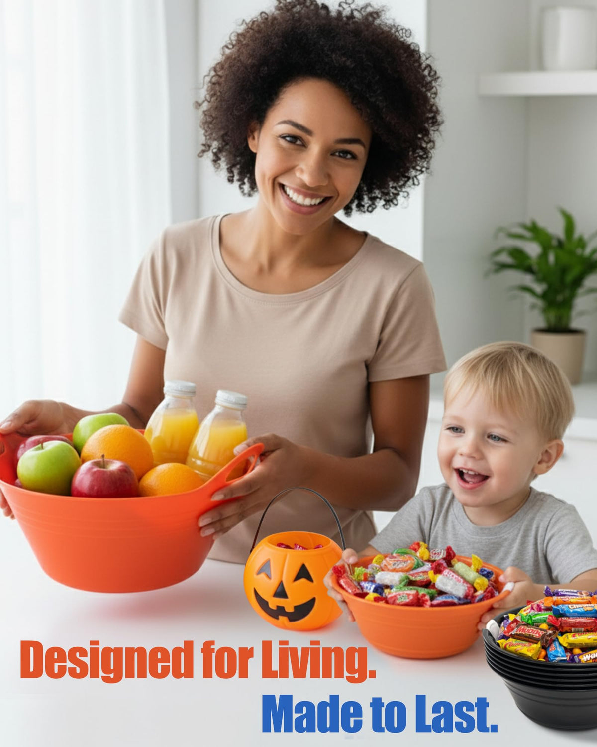 Mintra Home Plastic Bowls with Handles (4.5L Large 2pk, Black) - 11.25W x 5inH (6.75inH with handles) - large bowl for popcorn, snacks, drinks, candy, party, Halloween, trick or treat bowls - 2 Pack