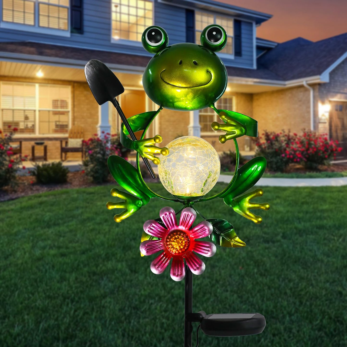 Afirst Solar Lights Outdoor Decorative Metal Frog Crackle Glass Globe Warm White LED Metal Waterproof Garden Stake Lights for Walkway Pathway Lawn Patio Yard Decorations