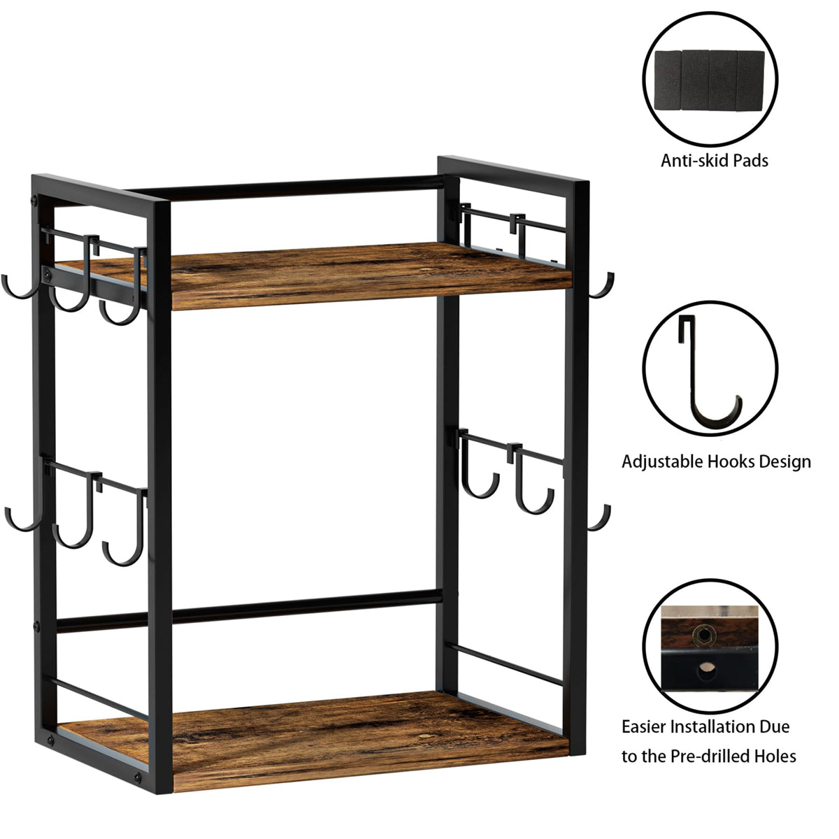 Dorhors 2 Tier Coffee Bar Accessories and Organizer,Multi-functional Mug Holder with 12 Hooks,Wood Coffee Station Organizer,Kitchen Countertop Shelf (Rustic Brown)
