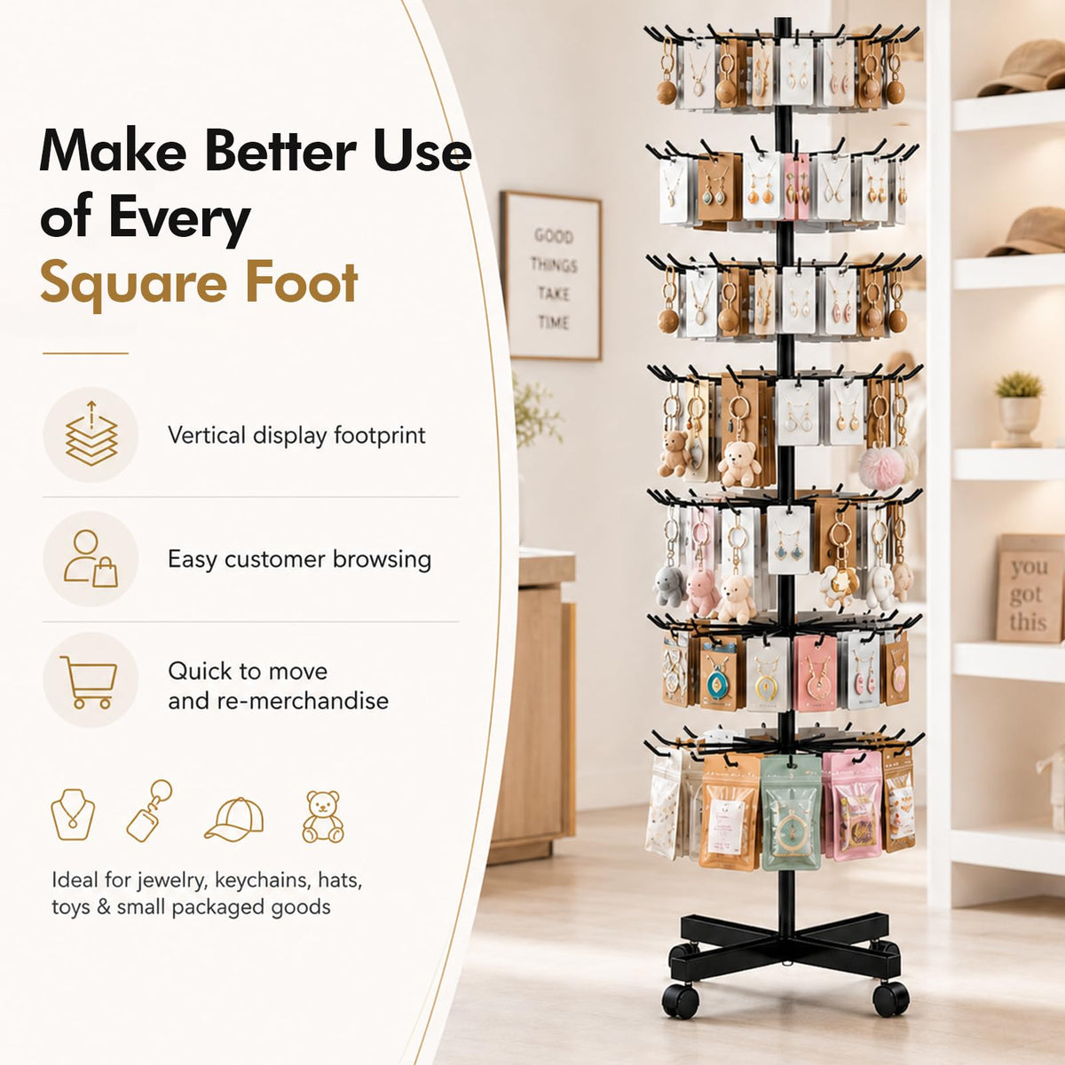 Homelio 7-Tier Heavy Duty Rotating Display Rack with Wheels, Metal Floor Spinner Stand for Retail Store, Adjustable Keychain & Jewelry Display Shelves for Craft Fair & Showroom