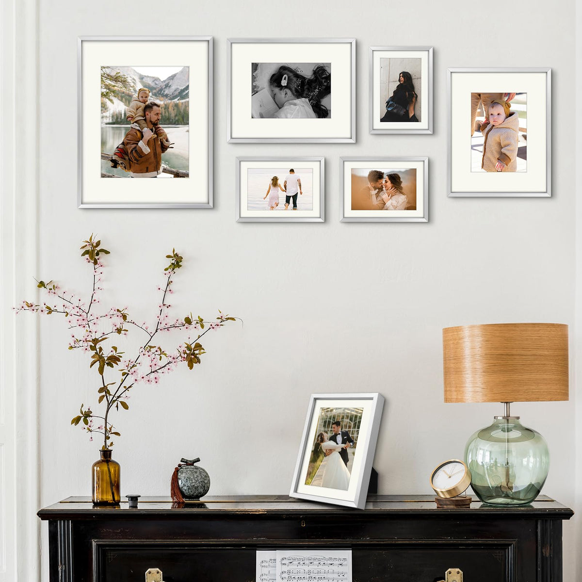 Frametory, Aluminum Picture Frames Set of 7 - Silver Gallery Wall Kit - Display One 11x14, Two 8x10, and Four 5x7 inch Photos for Home Decoration