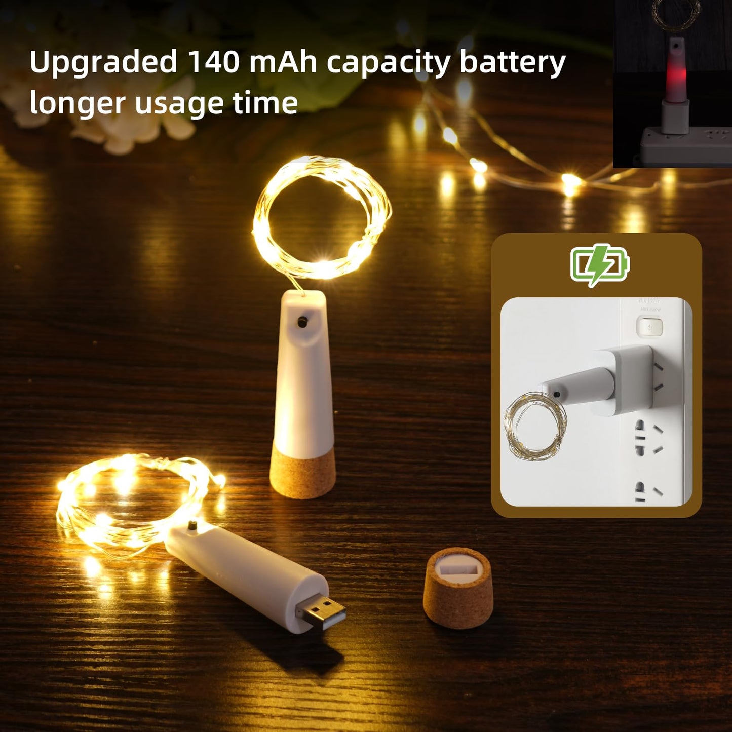 Godinsky Wine Bottle Lights - 4 Pack Rechargeable Battery Operated 140mAh 20 LED Bottle Stoppers,8 Light Modes Switching,Perfect for Christmas, Weddings, Halloween, and More(Warm)