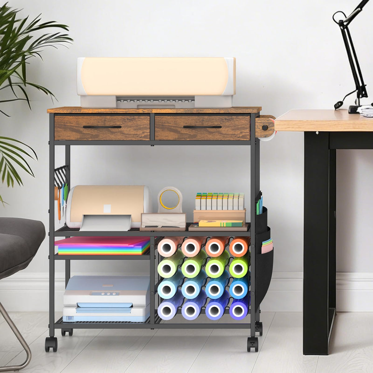 VEOSIR Craft Cart with Vinyl Roll Holder, Organizer & Storage Table for Cricut Machine with Drawer,Mobile Craft Organization and Storage Cart,Crafting Table Accessories Holder for Craft Room Brown