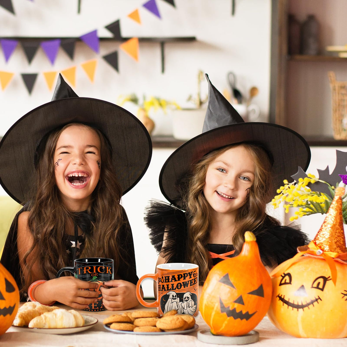 JarThenaAMCS 4Pcs Halloween Mugs Pumpkin Black Cat Ghost Skeleton Coffee Mug Orange Black Ceramic Drinking Cup for Halloween Party Table Centerpieces, 12oz